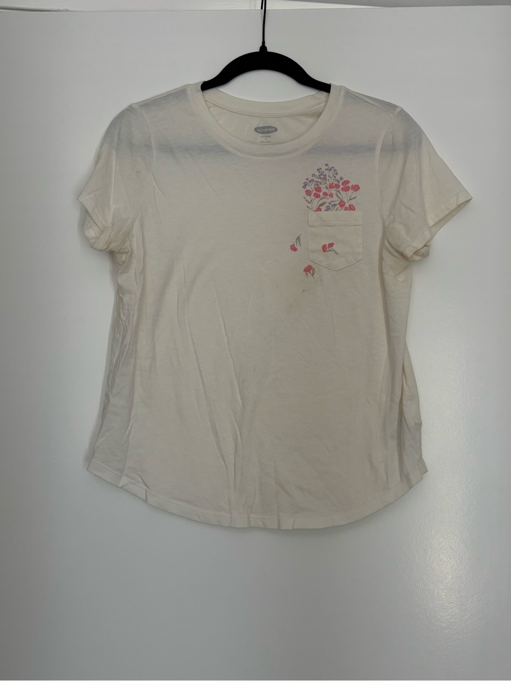 Women's Cream Pocket Tee with Pink & Blue Floral Print